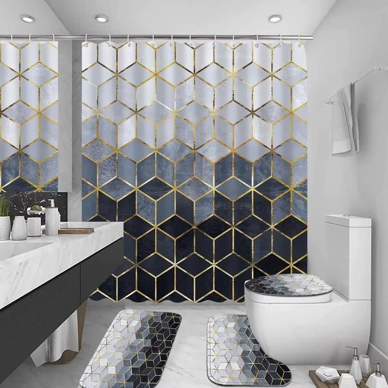 LQCOOL 4Pcs Blue Gradient Shower Curtain Set Modern Geometric Shower Curtain Set Golden Cubic Lines Bathroom Set (Blue)… - Image 3